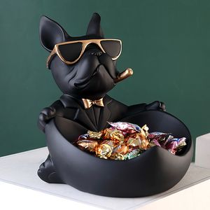 Decorative Objects Figurines Cool French Bulldog Butler with Storage Bowl for Key Pearls and Jewels Dog Statue Home Decor Statu Sculpture dog Resin Art Gift 230628