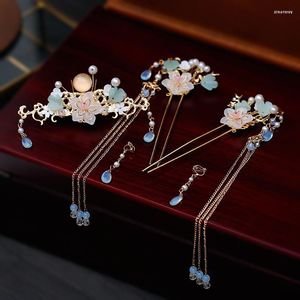 Hårklipp kinesiska Han Bridal Crown Delicate Tassel Step Hairpin Earrings Set Disymtillbehör