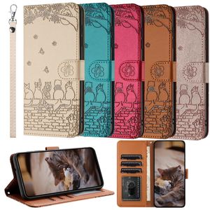 Imprint Cat Flower Pu Leather Plånbok Fodral för Samsung S24 S24 Ultra S23 Fe A05S Google 8 Redmi Note 13 Pro Plus 5G Butterfly Wall Skin Card slot Holder Flip Cover Pouch Pouch