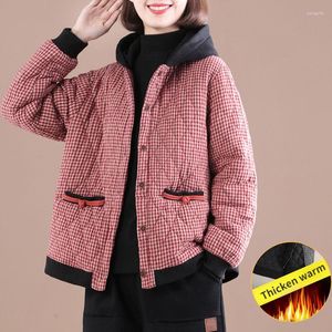 Kvinnors dike rockar Kvinnors vinter 2023 Parkas Casual For Women kläder Plaid Hooded Warm Female Cotton Padded Jacket Casaco Feminino