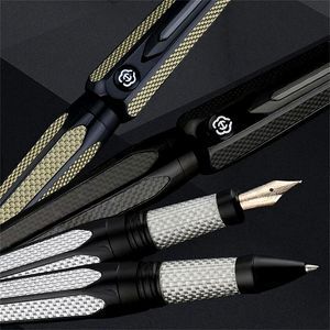 Penne Hero H712 Space Fountain Pen Penna esagonale Fibra di carbonio Creata 10k Oro Business Office Scrittura Penne a inchiostro con doppio scopo Box