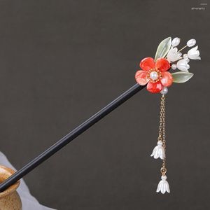 Haarspangen Vintage Stick Essstäbchen für Frauen Chinesische Hanfu Holz Haarnadel Gabeln Retro Quaste Blumenverschluss Kopfbedeckung Schmuck