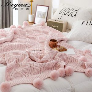 毛布レジーナシェニール格子縞のスローブランケットピンクピンクグレーポンポムニットギフトベッド