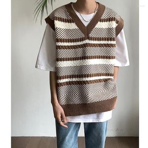 Men's Vests 3-color Striped Sweater Vest Men Fashion Casual V-Neck Knitted Pullover Korean Loose Sleeveless Mens Jumper Clothes