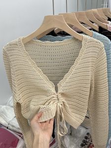 Women's Knits Knitted Cardigan Apricot Women Lace Up Sweater Vintage Harajuku Long Sleeve Elegant Hollow Out V-Neck Female Sweaters Tops