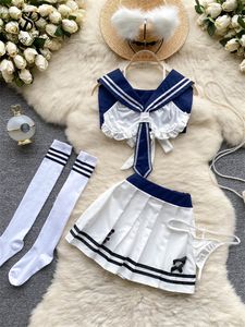 Two Piece Dress SINGREINY JK Uniform Sweet Erotic Suit Sailor Collar Straps Short TopsPleated Skirt Lingerie Fashion Sexy 4 Pieces Sets 230627