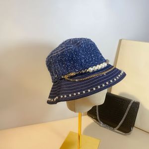 Kvinnors sommarhatt europeisk liten doft pärla kedja denim bomull bred brim fiskare hatt bassäng hink hink hatt