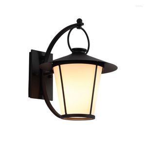 Wall Lamp Vintage Wrought Iron Matte Black Painted Outdoor Waterproof E27 LED Light With Milky White Glass Shade Courtyard