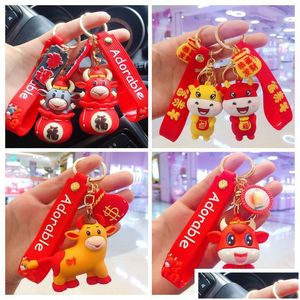 Keychains Lanyards 16 Styles Creative Cute Cartoon Lucky Cow Keychain Car Bag Pendant Keyring Mascot Doll Present Drop Delivery Fashi Dhyjb