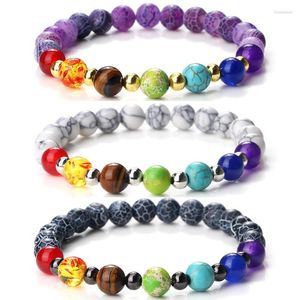 Strand 7 Chakra Energy Pärlor armband Par Avstånd svart lava onyx sten charm armband män kvinnor elastiska rep smycken