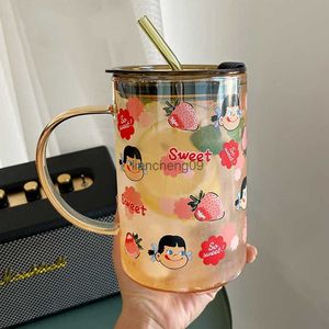 900ml Kawaii Fragola Bottiglia d'acqua in vetro Tazza di grande capacità Tazza Bicchiere Portatile con coperchio Paglia Bicchieri Tè al latte Tazza di vetro L230620