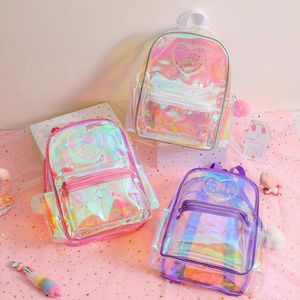 Backpacks Transparent Backpack Adjustable Shoulder Strap Large Capacity Waterproof Heart Pattern Girls Teenage School Book Bag Stationery 230628