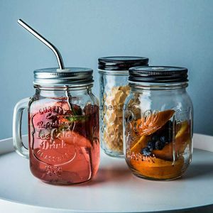 European-style Transparent Glass Cold Drink with Lid Straw Sealed Jar Juice Milkshake Drink Handle Water Cup Dessert Glass Cup L230620