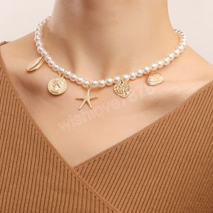 Vintage Imitation Pearl Chain Choker Halsband för kvinnor Fashion Starfish Shell Conch Pendant Collar Women Party Jewelry