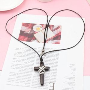 Pendant Necklaces WEIYU Alloy Wood Cross PU Leather Rope Long Collier Statement Necklace For Women Men Religious Jewelry