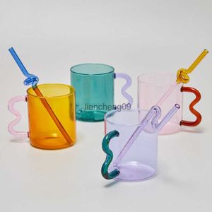 Tasarım Renkli Kulak Cam Kupa El Yapımı Basit Dalga Kahve Fincanı Sıcak Su Tumbler Hediye için Drinkware 300 ml L230620