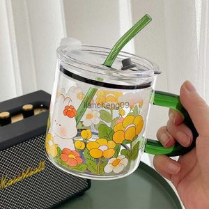 Kawaii Animal Glass Cup with Lid Straw Cute Flower Coffee Mug Milk Wine Varma drycker Korean Water Juice Cup Drinkware Gift 600ml L230620