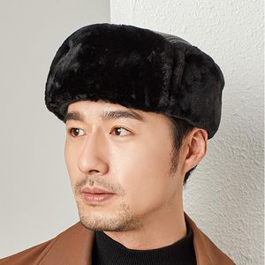 Berets Winter Man Genuine Leather Cap Male Warm Faux Fur Inside Big Earflap Middle-Aged Elderly Father Lei Feng Hats Gorras Ear