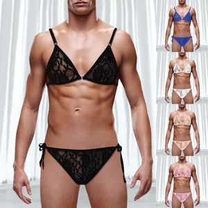 Roupa de banho feminina Conjunto de biquíni de renda para cima sexy transparente ajustável tamanho único alça de ombro divertida Lingerie feminina