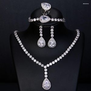 Necklace Earrings Set Vintage Classic 4PS Big Cubic Zirconia Water Drop Bridal Jewelry For Women Wedding Accessories