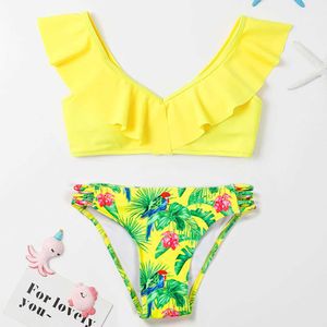 Swim Wear Tropical Floral Girl Swimsuit Kids Ruff Bikini Set 7-14 år Tvådel barns badkläder vadderad baddräkt 2023 Beachwear HKD230628