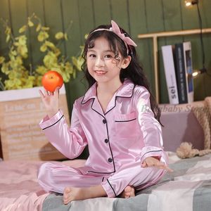 Kleidung Sets Kinder Satin Pyjama Rosa Gold Seide Pyjamas Langarm Top Hosen Pijama Baby Mädchen Nachtwäsche Kind Jungen Pyjamas herbst Kleidung 230627