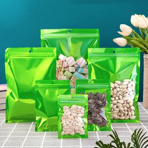 1000 pçs/lote verde resselável à prova de cheiro plano ziplock saco de folha de alumínio transparente frente pendurar saco de embalagem para armazenamento de alimentos