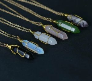 Hexagon Shape Chakra Natural Stone Healing Point Pendants Necklaces with Gold Chain for Women Jewelry Gift GC301