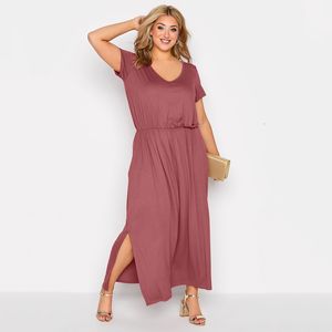 Vestidos plus size tamanho decote em v elegante verão vestido casual manga curta cintura elástica maxi reta dividida lateral fim de semana praia 7XL 230627