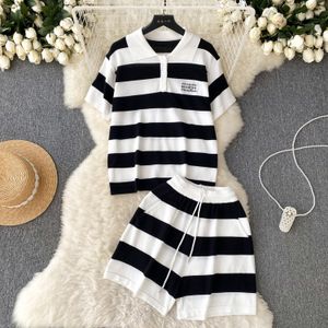 Two Piece Dress Casual Fashion Loose Knitted Striped Suits Summer Womens Short Sleeve Pullover Sweater Tops Elastic Waist Shorts 2 Sets 230627