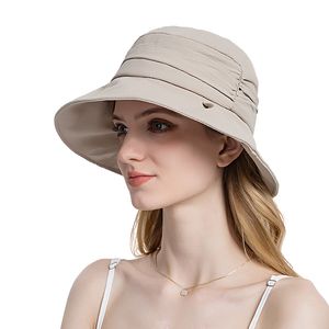 Kvinnor Summer Folding Bucket Hat For Beach Holiday Lady Spring Bowler Sun Protection Cap med Ruffles Band huvudbonad grossist Ny