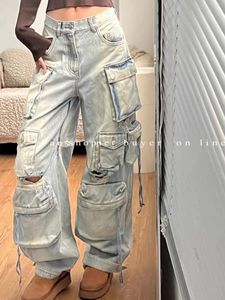 Jeans Feminino Indústria Pesada Calça Cargo Lavada com Vários Bolsos Y2K Vintage Streetwear Cintura Alta Solta Grande Perna Reta 230628