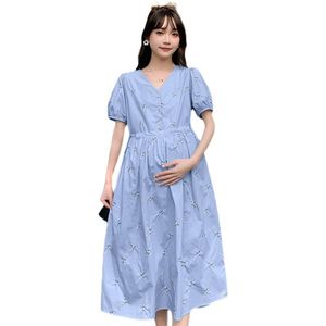 Klänning 773# 2022 Summer Korean Fashion Printed Cotton Maternity Dress A Line Slim Loose Clothes For Pregnant Women Graviditetskläder