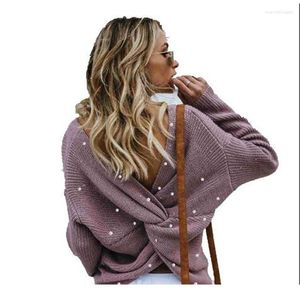 Suéteres femininos 2023 manga longa com pérola de plástico irregular sem costas decote em V profundo solto suéter feminino de malha
