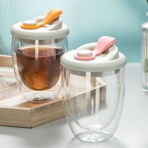 Tazze Tazza da caffè al latte isolata a doppia parete con coperchio ermetico in gel di silice Succo a prova di perdite Bere vetro trasparente Handy 230627