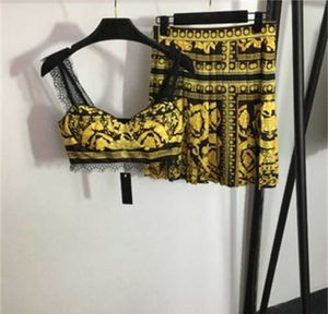 Moda baskıları iki parçalı elbise bayan vintage çiçek dantel yular üst fermuar tasarım yüksek bel pilili kısa etek yaz seksi kadın giyim 55