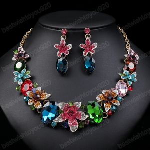 Colorful Crystal Flower Bridal Jewelry Sets for Women Choker Necklace Stud Earrings Set Wedding Bride Costume Jewelry Set