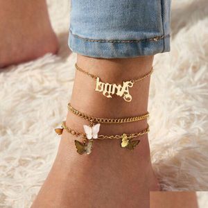 Anklets Women Chain 3Pcs/Set Butterfly Anklet Bracelet Sexy Sandal Beach Foot Chains For Lady Party Jewelry Gift Drop Delivery Dhgfb