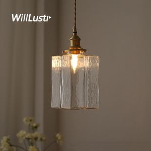 Square Hammered Glass Pendant Lamp Retro Brass Head Suspension Light Hotel Cafe Homestay Bedside Bar Ceiling Chandelier Lighting