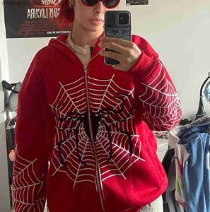 Men's Hoodies Sweatshirts 2023 Women Streetwear Hoodies Spider Web Red Zip Up Hoodies Grunge Oversized Sweatshirt Gothic Harajuku Men Jackets Y2k Clothes T23628