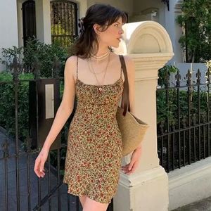 Dwuczęściowy pasek do sukienki Bez rękawów BOHO Summer Krótkie kobiety zielone sukienki kwiatowe Sundress Vintage francuski styl Y2K Femme Vestidos 230627