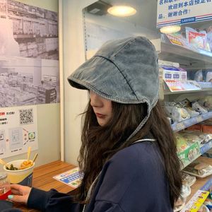 2022New Japanese and Korean Retro Denim Bucket Hat Women's Fashion Tie Four Seasons Washed Denim Basin Hat Short Brimmed Sun Hat
