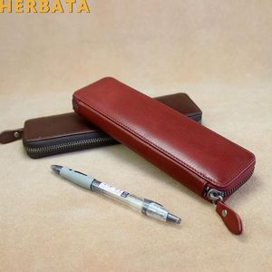 Bags Fashion Nature Leather Zipper Type Pencil Bag Business Leather Pen Bag Japanese Office Stationery Supplies Papelaria CL19121