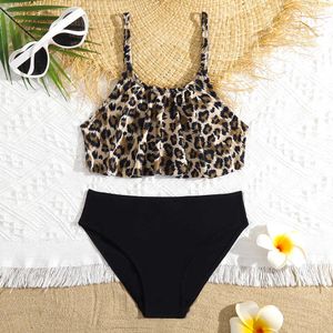 Swim Wear Opard Girls Bikini Swimsuit Kids Two Pieff Ruff Flouse Children's Badkläder 5-14 år Tonåring Baddräkt Beachwear 2023 HKD230628