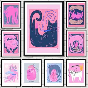 Moda fumar gato pintura em tela arte da parede rosa branco mão flor impressões nórdicas pôsteres e pôsteres quarto parede arte impressões decoração de casa w06