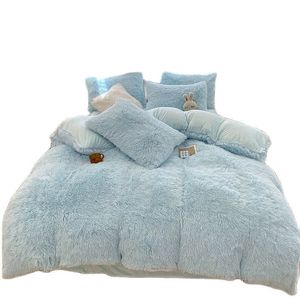 Conjuntos de cama inverno azul cabelo longo capa de edredom conjunto de roupa de cama quente casa texitle queen cystal flanela velo toalha de cama 220*240 dropship 3 peças 230627