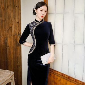 Etnisk klädstorlek M-4XL Kinesisk Qipao Classic Women Velvet Lace Cheongsam Slim Dress 2023 Evening Party Gown