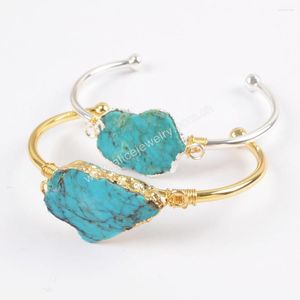 Bangle 1PCS Irregular Natural Turquoise Stone Gold Plated Green Gems Wire Wrap Cuff Bracelets Boho Jewelry Birthday Gifts