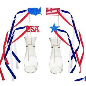 Striscione Bandiere Usa Nastro Di Raso Bacchette Per Feste Del Giorno Dell'Indipendenza - Decorazioni Patriottiche Con Stelle Filanti Della Bandiera Americana Bastoncini Di Legno Dhten