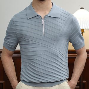 Erkek Polos Yaz Örgü Tshirt Polo İngiliz T Gömlek Çizgili Jakarlı Rahat İnce Yaka Fermuar Camisa Hombre Mannen 4 Renkler 230627